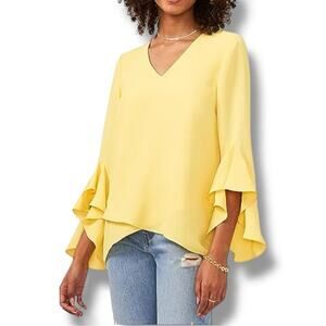 Vince Camuto sunburst yellow V-Neck 3/4-Flutter Sleeve Blouse NEW